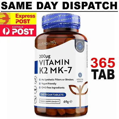 Vitamin K2 MK7 200mcg 365 Tablets NUTRAVITA Premium Quality  - FULL YEAR SUPPLY! • $59.50