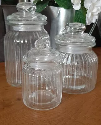 £9.95 • Buy Set Of 3 Ribbed Glass Storage Sweet Jars Airtight Lid Wedding Favours  New