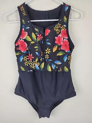 ModCloth Padded Floral Swimsuit One Piece Womens Sz M Black Zipper Wide Straps • $21.44