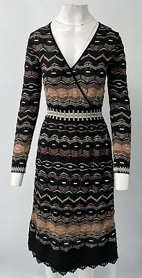 M Missoni Black/Red/Beige Contrast Knit Faux-Wrap 3/4 Sleeve A-Line Dress Sz 44 • $127.50