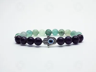 Amethyst Fluorite Hamsa Bracelet Hands Of Fatima Gemstone Evil Eye Protection UK • £8.99