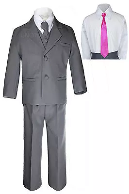 $65.99 • Buy 6pc Baby Toddler Kid Boy Dark Gray Formal Wedding Party Suit Tuxedo Necktie S-7