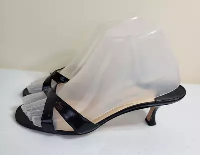 Manolo Blahnik Callamu Black Patent Leather Kitten Heels Sandals Womens Sz EU 37 • $125