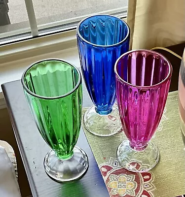 (3) Heavy 3-D Ribbed Colorful Parfait Soda Fountain Glasses 7.5”.   EXCL • $12.95
