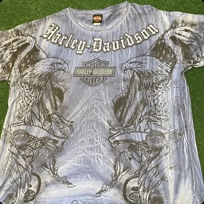 Vintage Y2k Harley Davidson All Over Print AOP Eagle Flames Biker 2011 Shirt XXL • $29.99