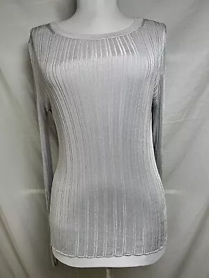 Vince Ribbed Viscose Crew Neck Sweater Sz L Silver Gray Slinky Long Sleeve • $29.95