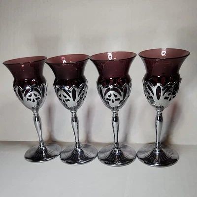 $45 • Buy 4 Farber Bros Krome Kraft Amethyst Cambridge Glass Stem Cordial Art Deco 6 1/2 