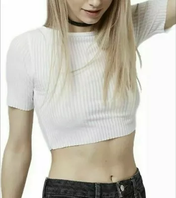 £14.02 • Buy TOPSHOP Crop Tee Top Size 2 White Raw Hem Ribbed Stretchy Casual Concert NEW NWT
