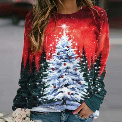 $28.16 • Buy Women's Fashion Christmas Print Round Neck Pullover Long Sleeve Fleece Sweater