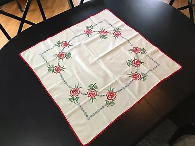 Embroidered Spring Floral TABLECLOTH Rose Vintage Granny Cottage Core 33x33 • $8