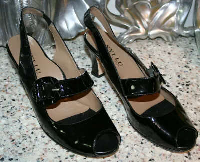 $29.99 • Buy Anyi Lu Black Patent Leather Sandals Heels Slingbacks Open Toe Size 40/10 Italy