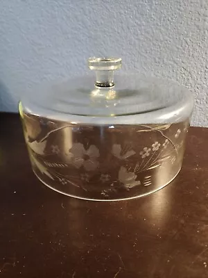 Vintage Glass Cake Stand Dome Cover Etched Floral Round 10  Round • $40