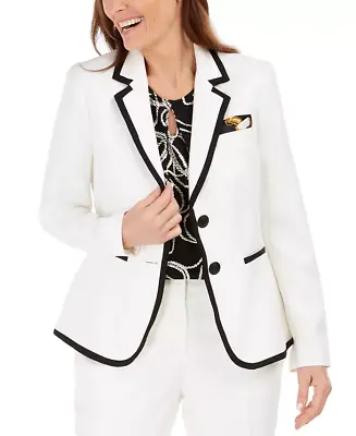 Kasper Suits Herringbone Piped Jacket Blazer In Vanilla Ice/Black Size 4 $149 • $45.65