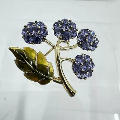 Vintage 1960s Purple Rhinestone Flower Green Enamel Leaf Brooch Pin  Monet • $15.99