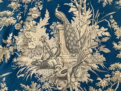 Antique French Cotton Toile Fabric 19th Century RARE Peacock Blue Floral • $45