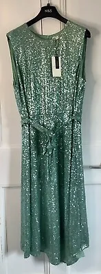 Marks And Spencer Autograph Sequin Belted A-line Midi Dress 18 Jade Green  Bnwt • £49.50