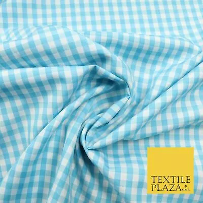 Turquoise Blue White 4mm Gingham Square Check Polycotton Fabric Dress Craft 58  • £1.25