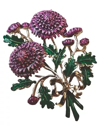 Signed EXQUISITE Purple Enamel Chrysanthiam Flower Bouquet Brooch/Pendant Vtg • $52