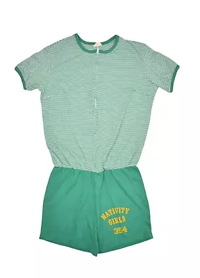 Vintage 70s Romper Womens M Green Striped Gym Athletic Nativity Girls School • $42.94