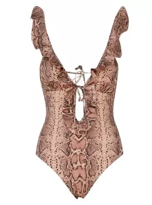 Zimmermann Moonshine Frill Waterfall One Piece | Pink Snake Print Low V Neck • $189.99