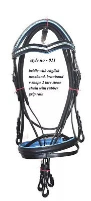 Bridle With English Noseband Browband V Shape 2 Lare Stone Chain Rubber Grip • $79.99