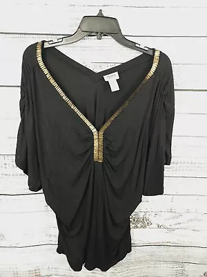 Monroe & Main 1X Black Gold-Beaded Short Sleeve V-Neck Pullover Top • $8.79