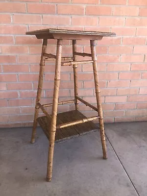 Antique Rattan Bamboo Accent Table Plant Stand Rare Asian Burn Art Pyrography • $468