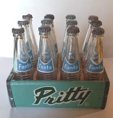 12 Vntg 3  Miniature Fanta Soda Ribbed Glass Bottles In Rare Wood Pritty Crate • $89.50