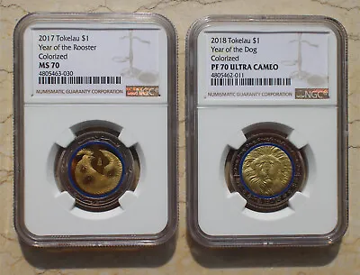 A Pair Of NGC MS70+PF70 Tokelau Lunar Year Series Coins - Rooster & Dog • $98