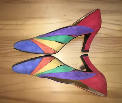 Vintage Shoes Nina Pumps Multicolor Suede 7.5 Narrow Collector Piece! • $15.95