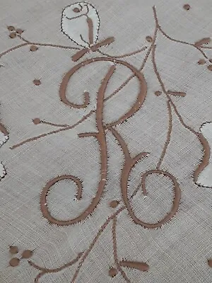 Vgt R Monogram Brown Embroidery On White Cotton NOS Cotton Hankie Handkerchief • $8.75