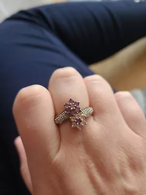 £150 • Buy 9ct Gold Diamond, Amethyst, Pink Sapphire Ring Flower Design Size P