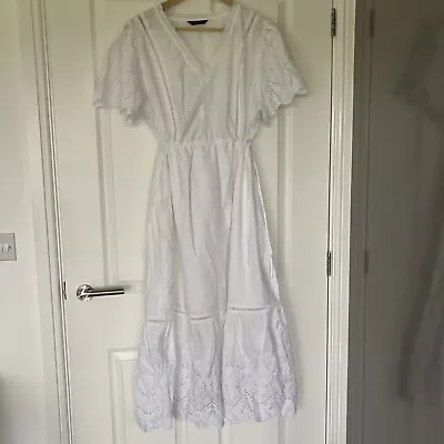 M&S COLLECTION WHITE DRESS 18R V-Neck Short Sleeves Lace Trim Tie Waist Cotton • £24