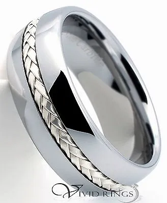 Men Tungsten Ring Dome Wedding Band 925 Silver Inlay 8mm 7.5 To 14.5 • £23.64