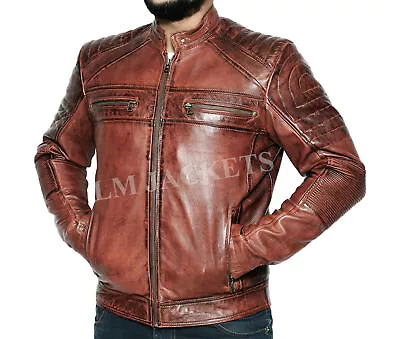 Men's Vintage Motorcycle Distressed Brown Biker Leather Jacket • $68.99