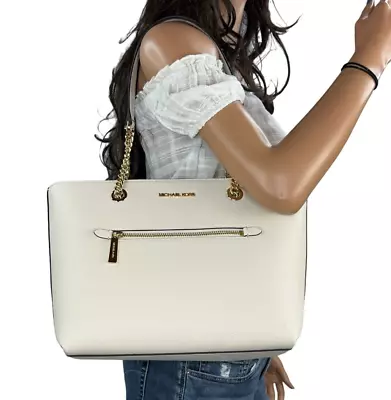 Michael Kors Jet Set Item Md Front Pocket Chain Tote Shoulder Bag Light Cream • $99.80