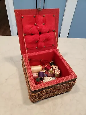 Vintage Sewing Basket  Box W/ Wooden Thread Spools Pin Cushion • $12.99