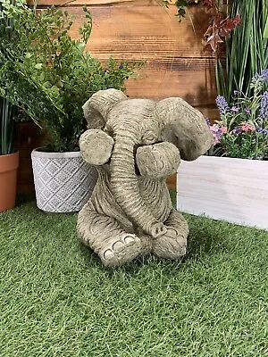 Stone Garden Cute Shy Sitting Baby Elephant Gift Statue Ornament • £30.40