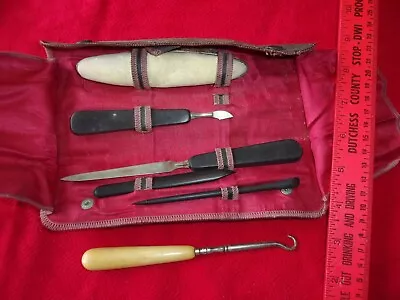 Antique Ebony Manicure Set Nail Tools Buffer File Pick & Vintage Button Hook  • $69.30