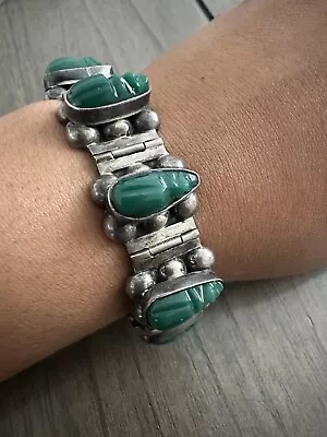 Vintage Sterling Silver RRA 925 Green Onyx Mexico Taxco Panel Statement Bracelet • $128