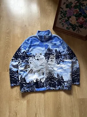 Vintage Arctic Wolf Wolves Animal Native All Over Print Fleece Jacket Size XL • $45