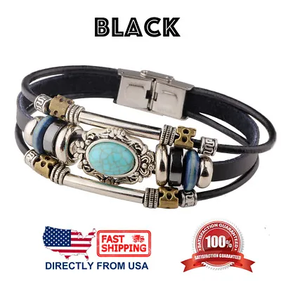 Retro Synthetic Turquoise Unisex Men Women Leather Wristband Bracelet • $11.36