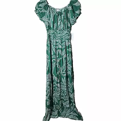 Anthropologie Kindred Maxi Dress Large Green Floral Tropical Hawaiian Smocked • $55.25