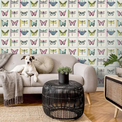 Statement Duck Egg Butterfly/Dragonfly Stamps Wallpaper • £12.99