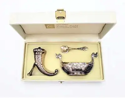 RARE Magnus Aase Norway Sterling Viking Ship Salt Cellar Set IOB 1920-30s • $525