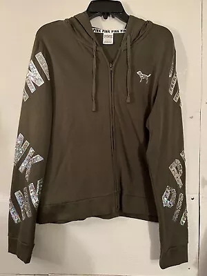 Victoria’s Secret Pink Olive Green Sequin Bling Full Zip Hoodie L Gently Pre • $47.50