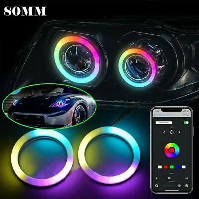 Pair RGB LED Demon Angel Eyes Halo Rings BT APP Control Headlight Projector 80mm • $31.98