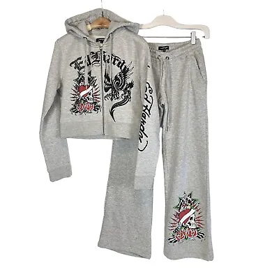 ED HARDY Heart Roses Sweatshirt Hoodie (L) & Sweatpants (XS) Sweatsuit Set Gray • £71.24