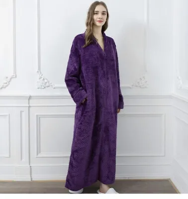 Dressing Gown Soft  Fleece Housecoat Traditional ZIP UP  Purple Size XL #29 • £39.99