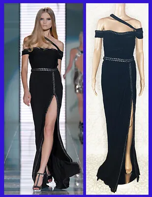 F/W 2007 Look #44 NEW VERSACE CHAIN EMBELLISHED LONG BLACK DRESS GOWN  40 - 4 • $12150